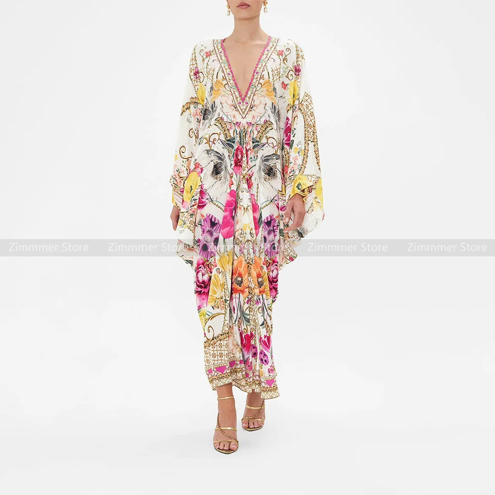 

Australian niche noblewoman floral print V-neck bat long sleeve loose silk dress long dress