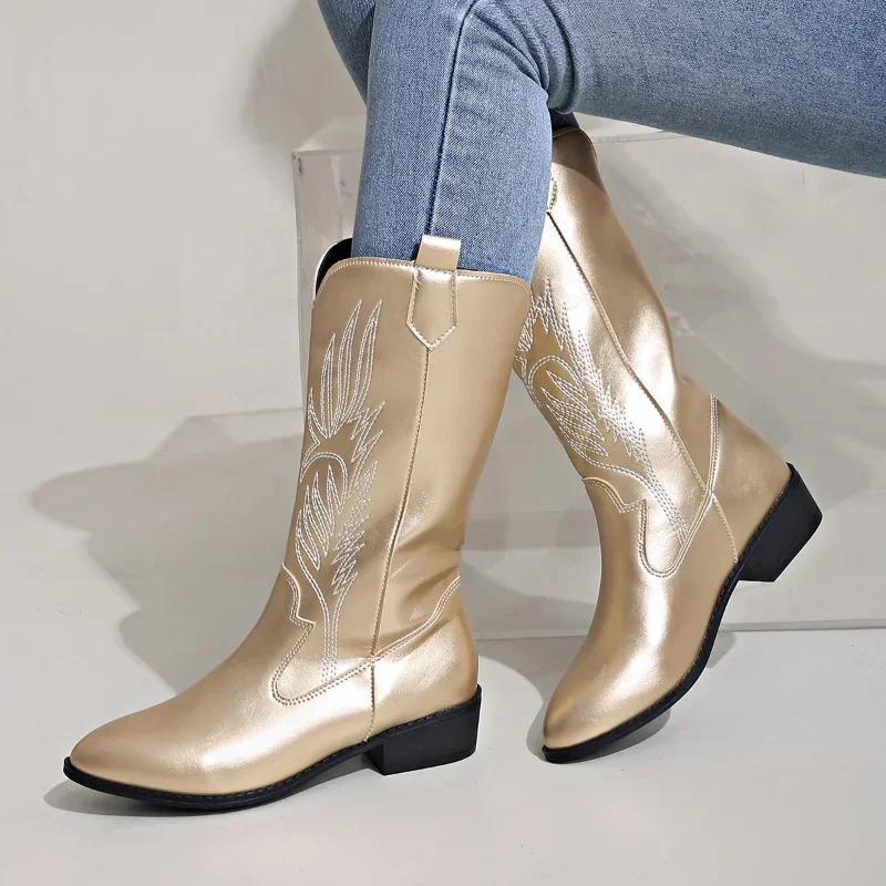 Women Fashion Slip on Knight Boots Ladies Autumn Winter Thick Sole Knight Boots Pointed Toe Square Heel Embroidered Cowboy Boots