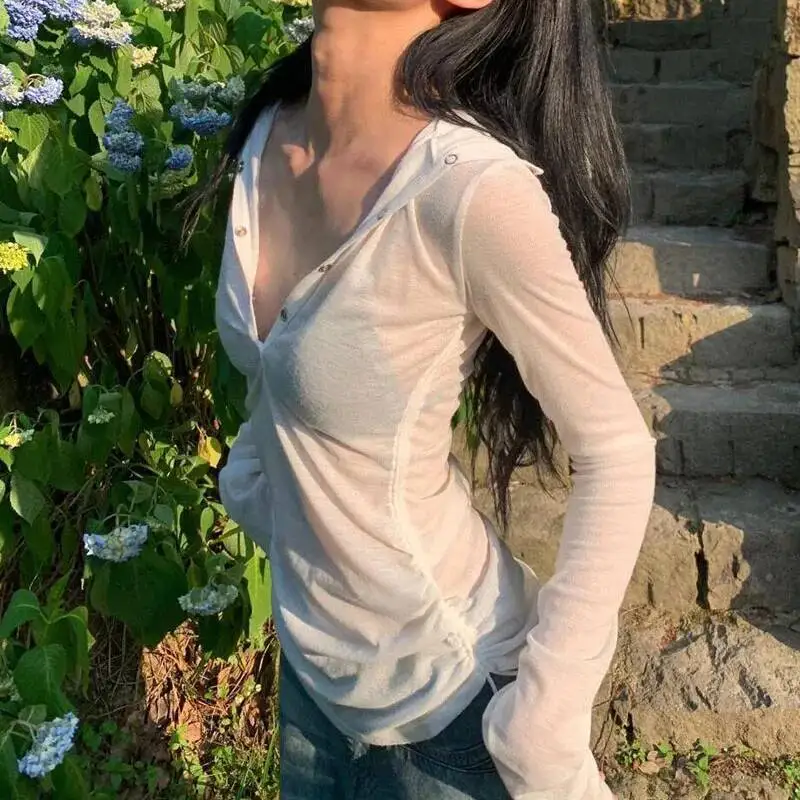 

Сексуальные прозрачные топы с капюшоном, женские повседневные тонкие футболки с длинными рукавами, женская уличная одежда Y K, белые футболки с защитой от солнца