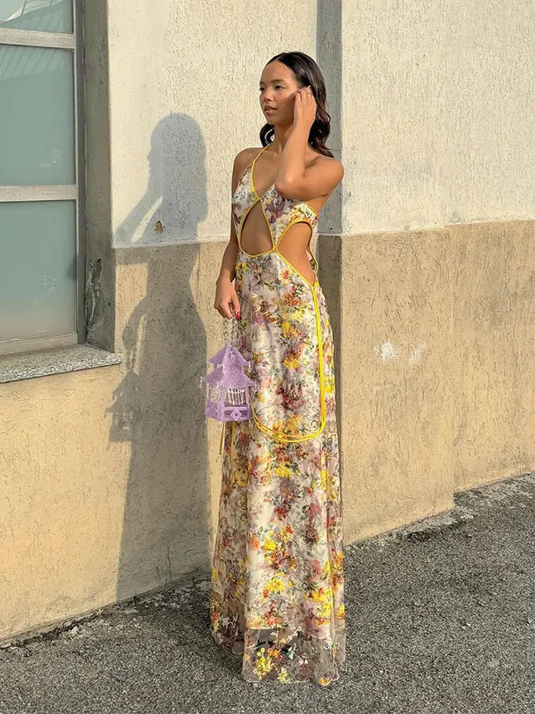 

Women Sexy Hollow Out Backless Halter Long Dress Elegant V Neck Sleeveless Floral Print Maxi Dresses Chic Lady Party Beach Robes