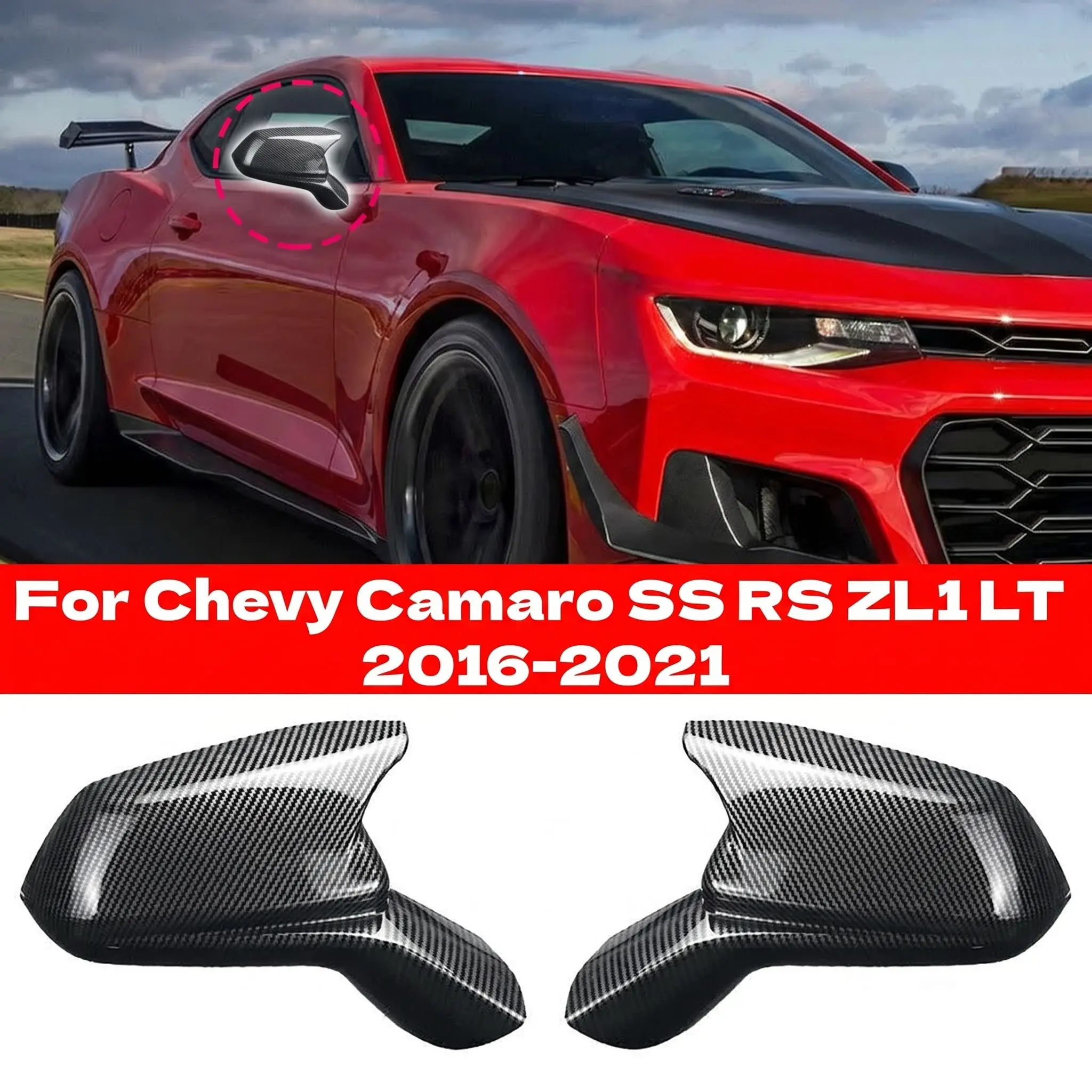 Hornförmige Seitenspiegelabdeckung mit Klebeverschluss für Chevy Camaro SS RS ZL1 LT 2016-2021 Außenspiegelkappe