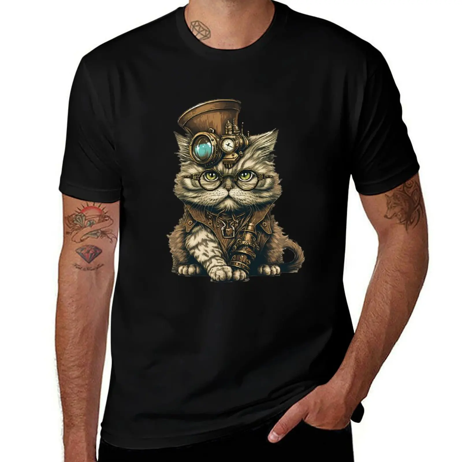 

Steampunk Persian Cat Fantasy illustration T-Shirt anime stuff blacks custom shirt t shirts for men cotton