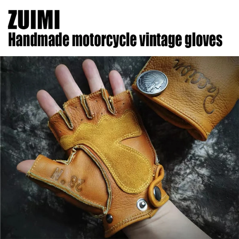 Motorcycle Gloves Men\'s Driving Retro Motorcycle Driver Non-Slip Durable Half Finger Fingerless Fitness Real Goat Leather Gloves