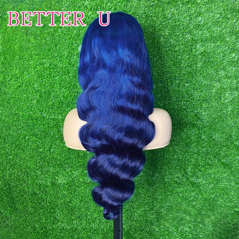13x6 الأزرق الداكن الدانتيل الجبهة خصلات الشعر المستعار الإنسان للنساء قبل قطعها الجسم موجة 100% خصلات الشعر المستعار الإنسان 250% الكثافة الأزرق الدانتيل شعر مستعار أمامي #2