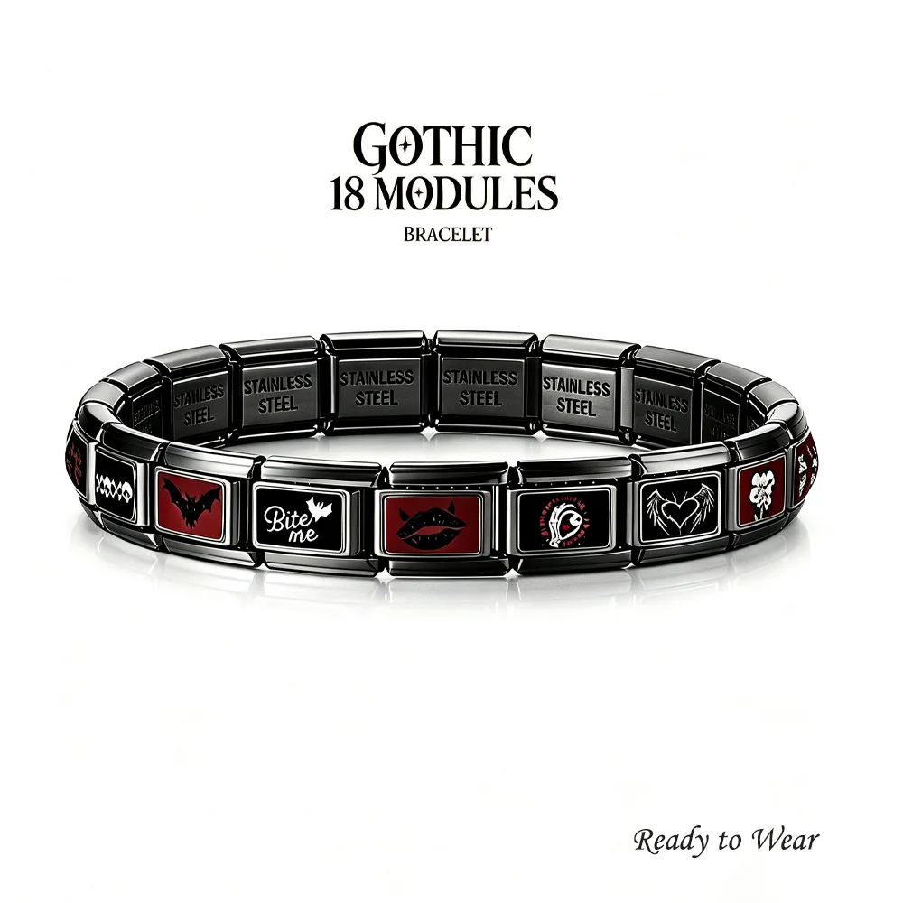 Gothic Italian Module Bracelet Stainless Steel Black Link Dark Vampire Bat Heart Charms Halloween Party Jewelry Gift Women Men