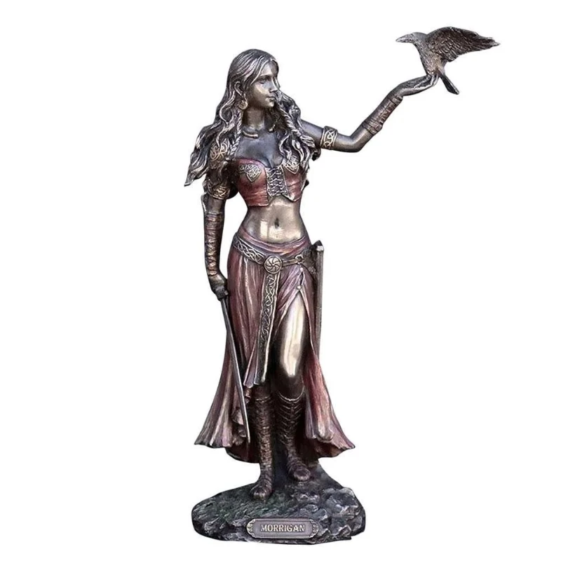 Morrigan Celtic Battle Goddess Resin Statue, Copper Tone Sculpture with Crow and Sword, 15cm Tabletop Home Decoration, Mythologi