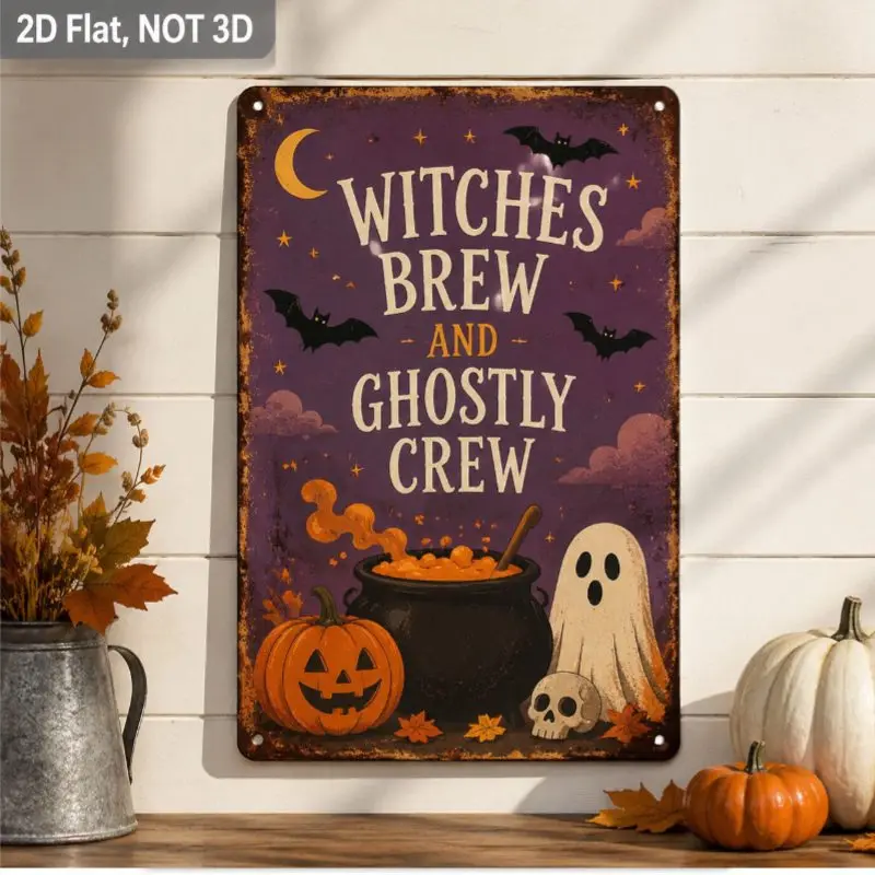 Metal Sign Purple Vintage Halloween Witches Brew Ghostly Crew Print Metal Tin Sign for Home Wall Decor Suitable for Front Doors,
