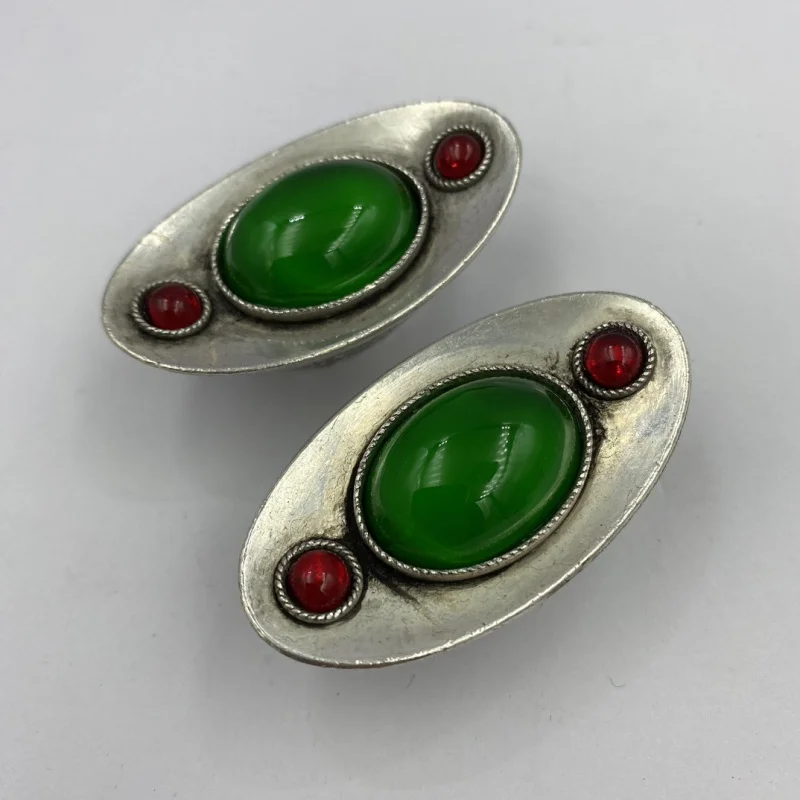 Inlaid Cat's Eye Gem Sycee Film and Television Props Old Object Decoration Collection Antique Qianlong Year Silver Ingot