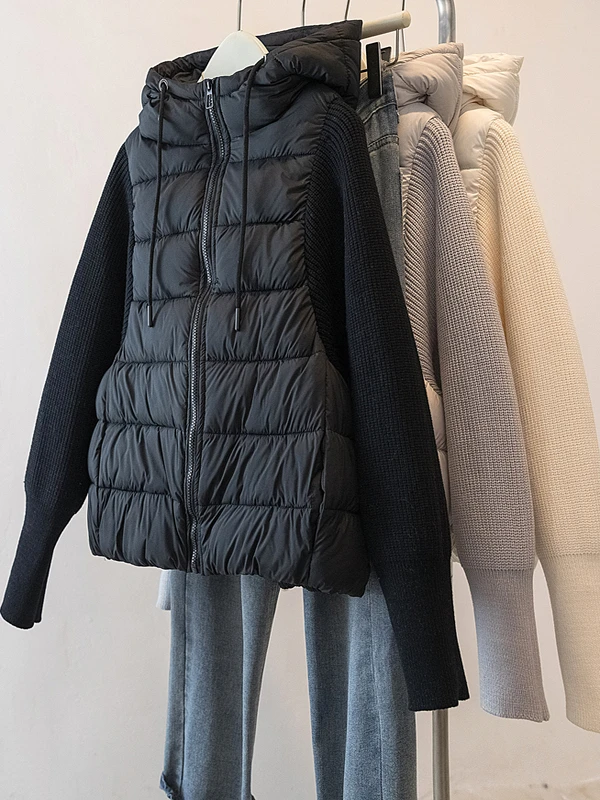 

Trendy Large Size Women's Knitted Sleeve Patchwork Cotton Jacket Fake Two-Piece Slimming Winter Coat Korean Style Loose Fit