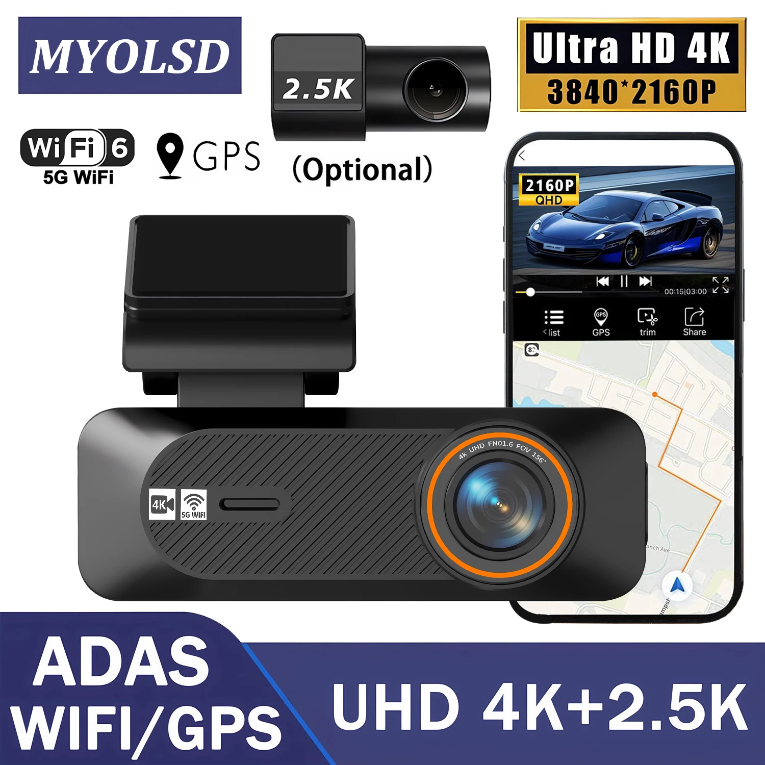 4K 2160P+2.5K 1440P ADAS Dual Lens Car Dash Cam WiFi Connect Front And Rear View Black Box 24H Parking Assistance for Vehicle