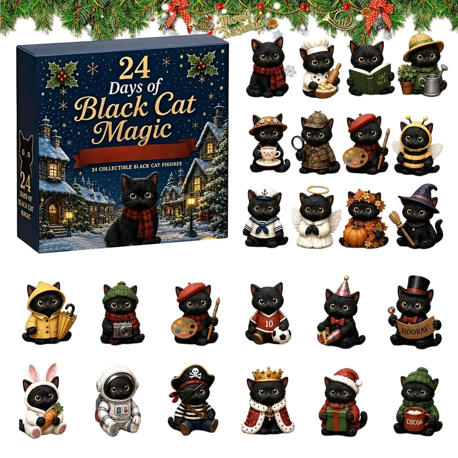 2026 Black Cat Christmas Advent Calendar 24-Day Countdown Calendar 2D Acrylic Cat Ornaments Cute Collectible Gift for Cat Lovers