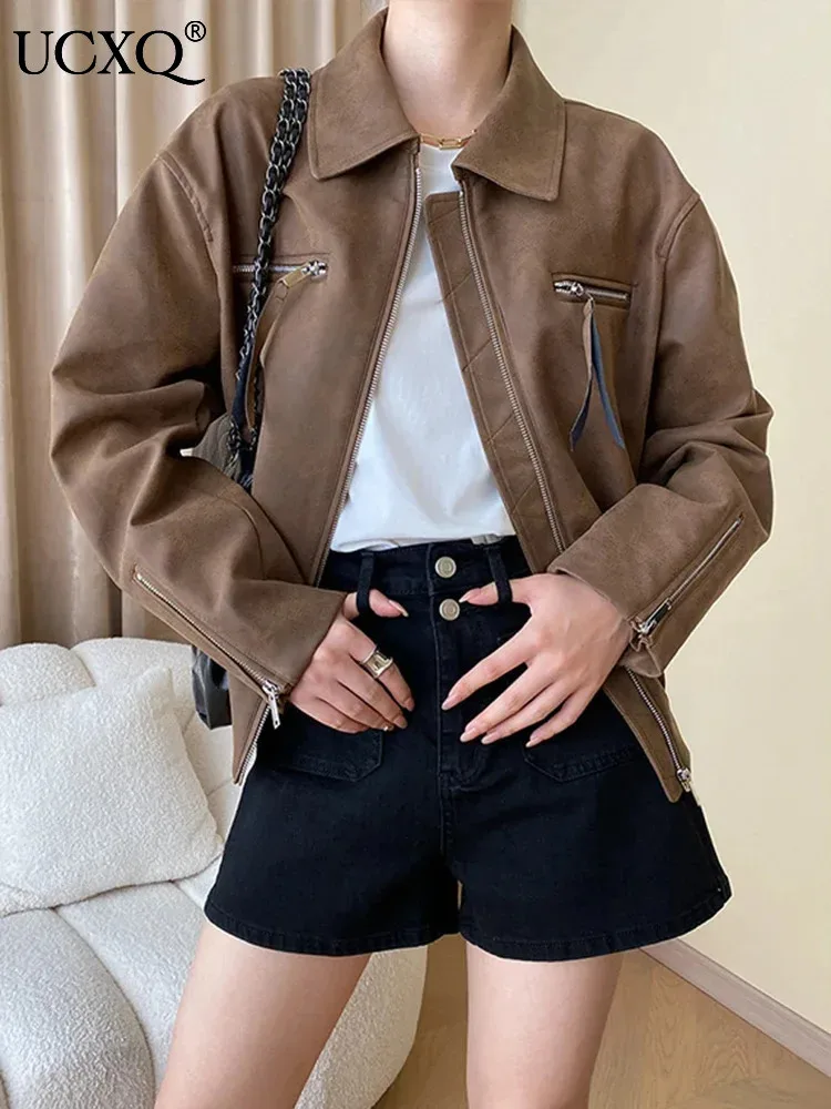 UCXQ Fashionable Street Jacket European Style Vintage Loose All Match Casual Short PU Leather Coat Women 2024 Spring Autumn 9930