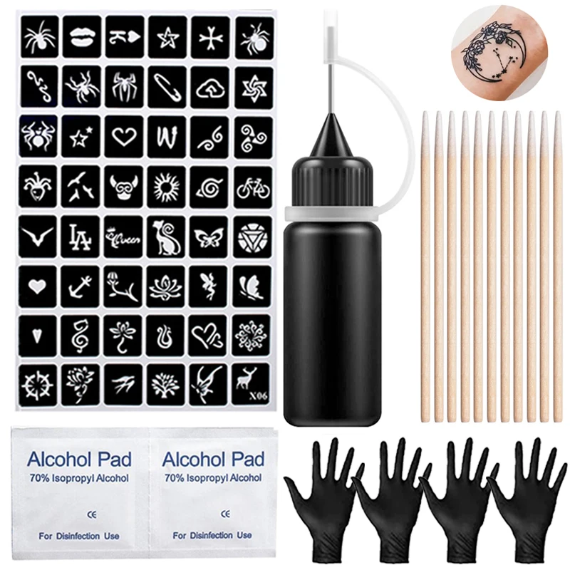 Tijdelijke Tattoo Kit Tattoo Sap Inkt Waterdicht Pigment Met Sticker Stencils Kit Voor Body Art 10Ml