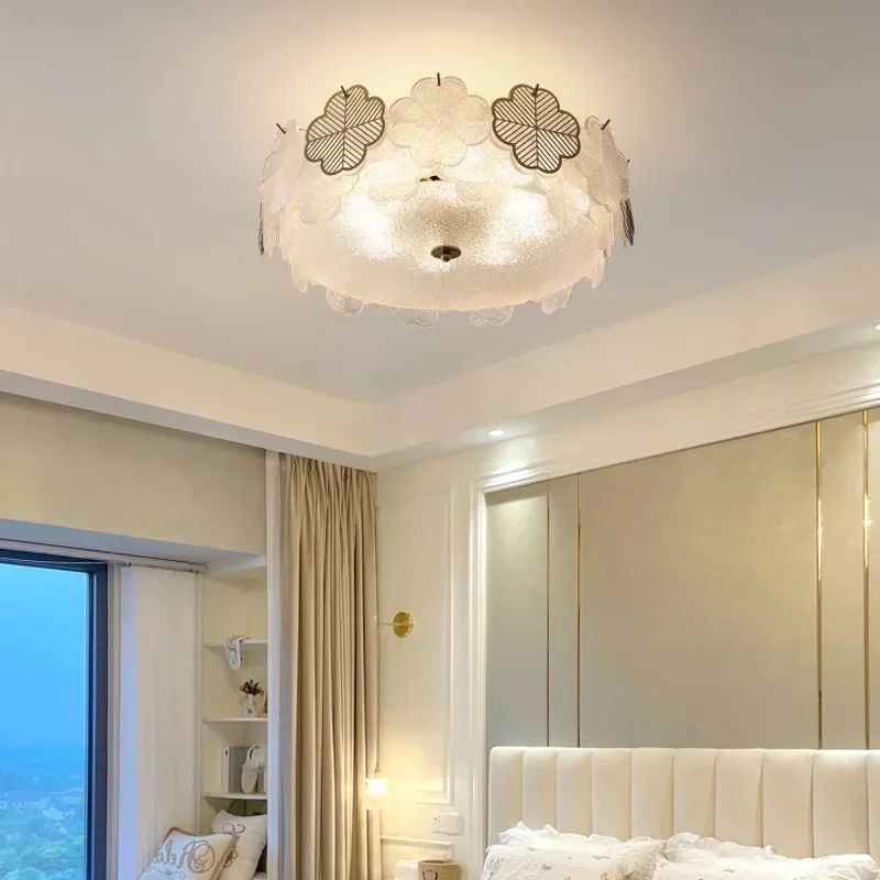 

French 2024 White Four-leaf Clover Glass Ceiling Lamp Craetive Design Led Ceiling Light Lampara Techo for Bedroom Living Room