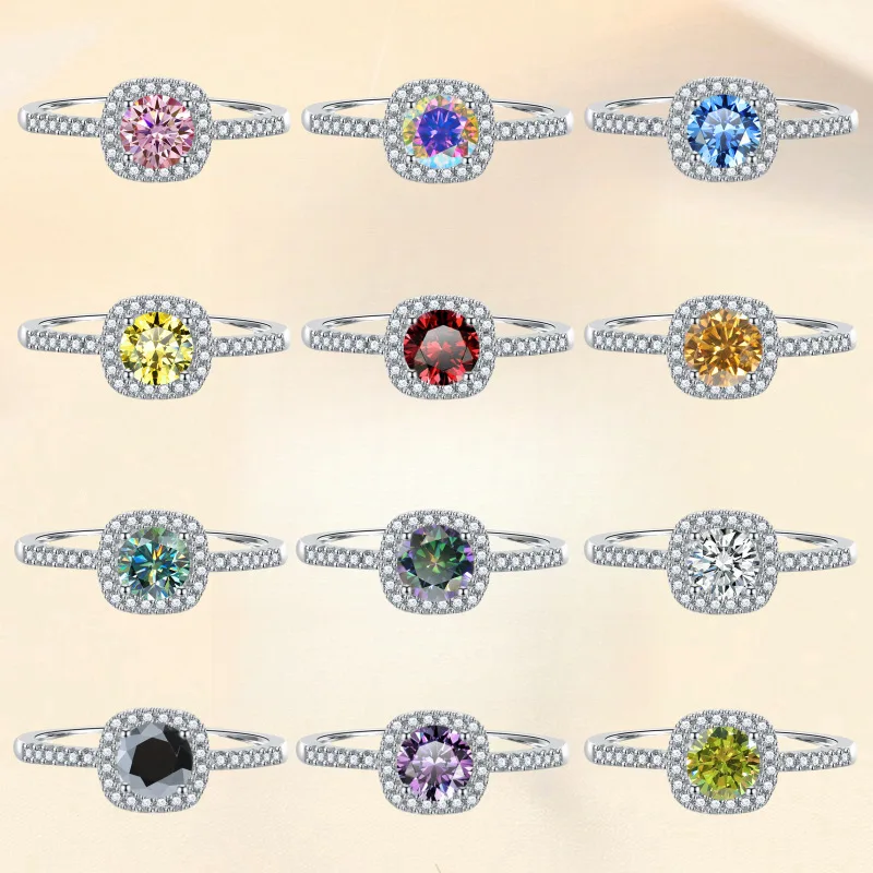 

S925 sterling silver ring classic D color 0.5ct 1.0ct 2.0ct colored moissanite ring inlaid with moissanite diamond
