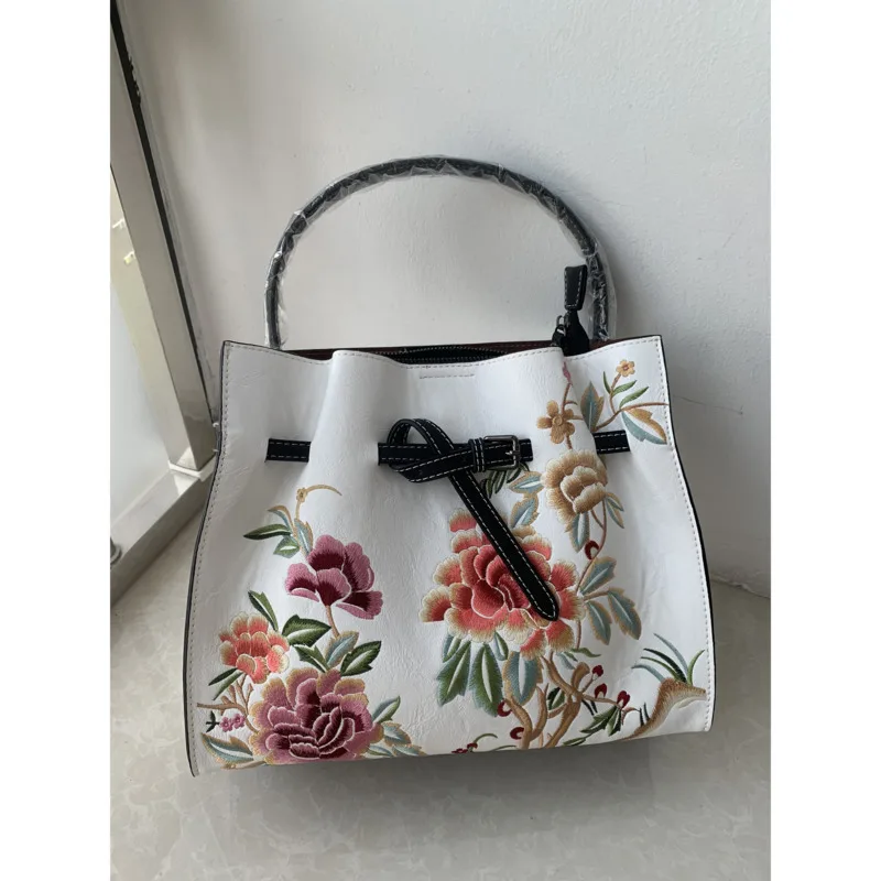 MOTAORA New Vintage Big Capacity Shoulder Bag Women Chinese Style Embroidery Handbag Luxury Leather Bucket Crossbody Bags Ladies