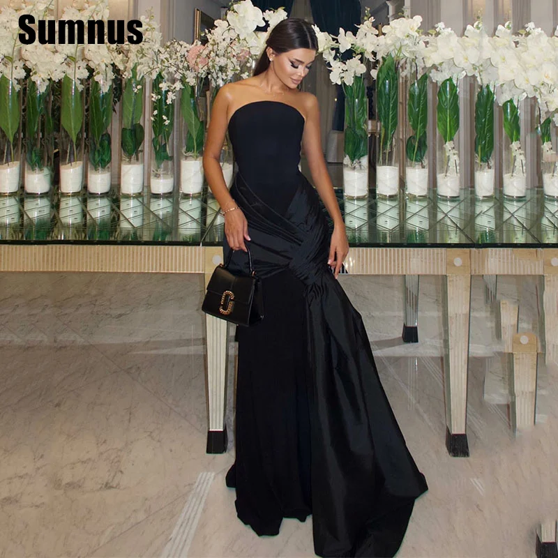 

Sumnus Modern Mermaid Evening Dresses Black Strapless Pleats Floor Length Formal Occasion Gowns فساتين سهرة Customized