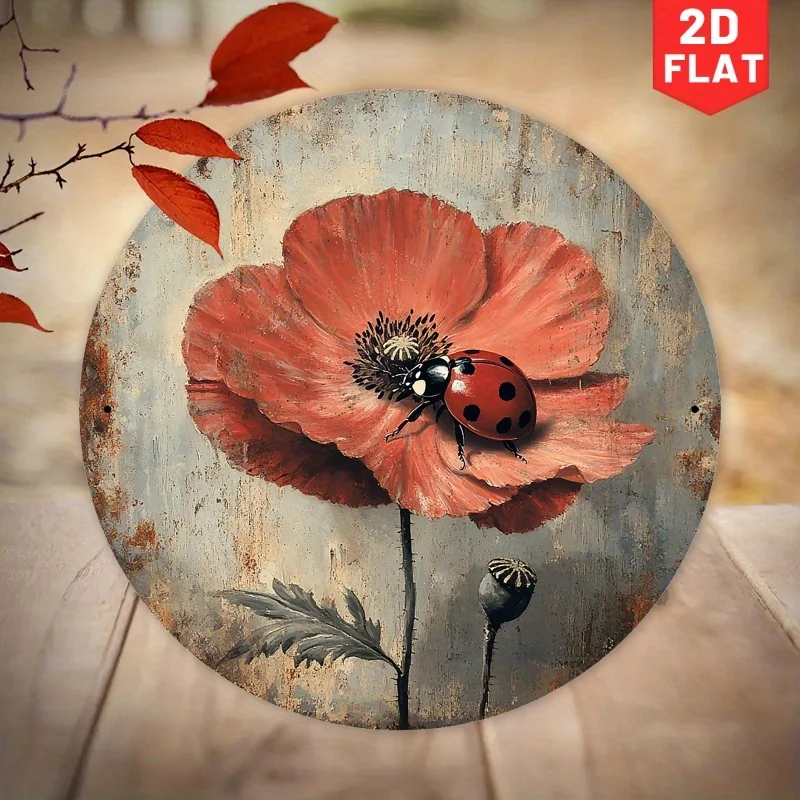 CIFBUY Vintage Rustic Ladybug Poppy Flower Aluminum Wall Art, Waterproof Durable Decor & Gift for Garden Porch Bedroom