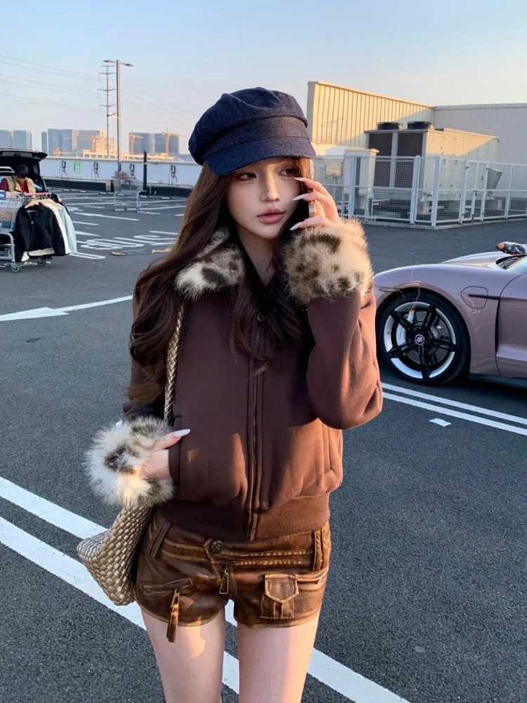 Leopard Streetwear Zipper Jacket Women Autumn Winter Vintage Long Sleeve Coats Hairy Patchwork Y2K All Match Casual Outwear New