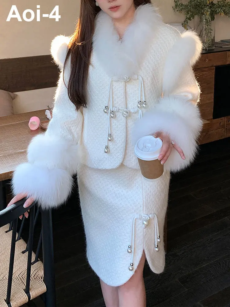 New Chinese Style Thickened Cotton Suit Women 23 Winter Stitching Fur Collar Chinese Knot Button Coat+Split Skirt Two-Piece Set