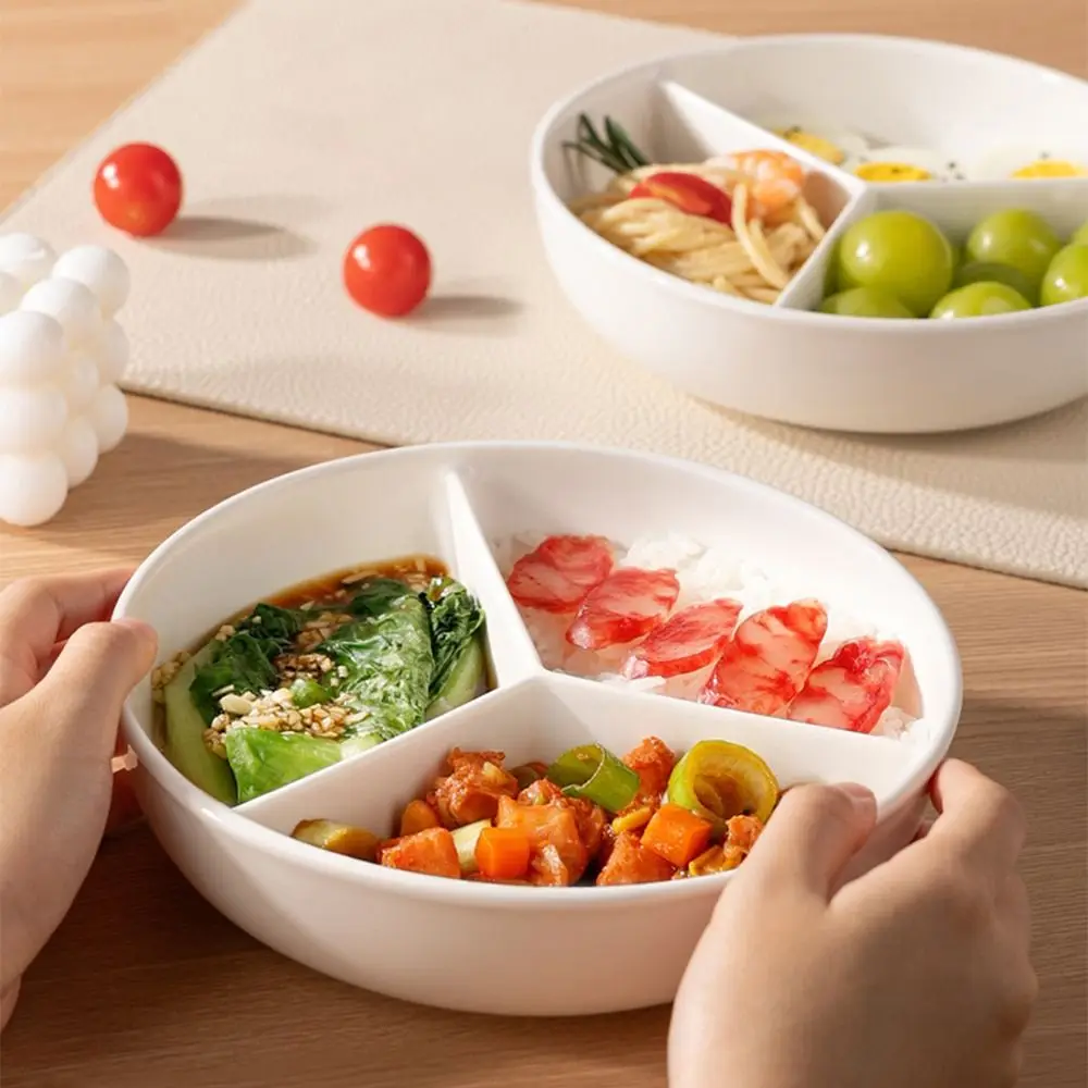 3 Compartments Grid-shaped Dinner Plate White Round Divided Food Tray Silicone Lid Large Capacity Ceramic Salad Plate