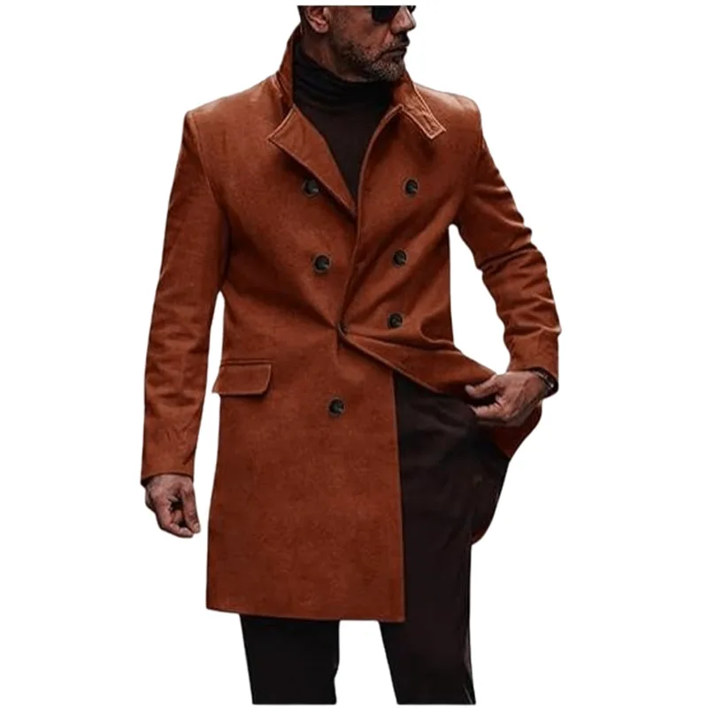 Double Breasted Woolen Coat Men's Double Breasted Solid Color Long Sleeve Trench Coats Jacket