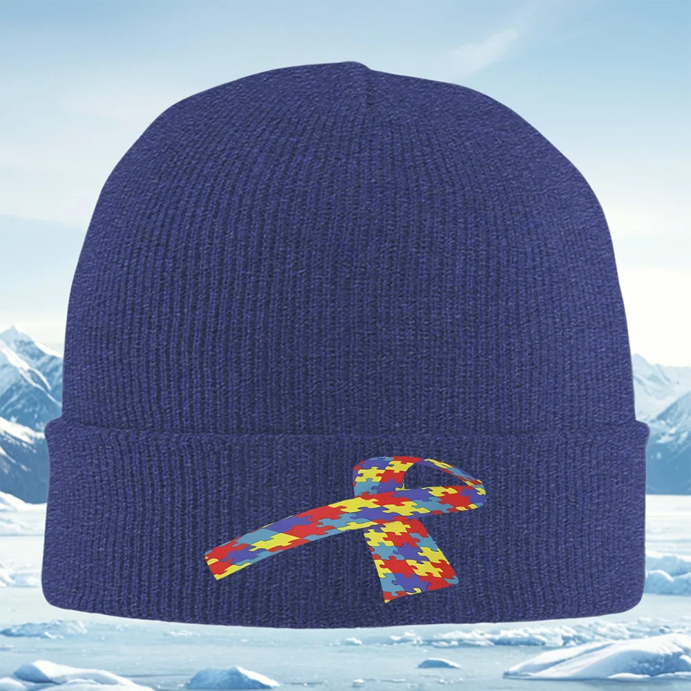 Puzzle pieces ribbon black background Men Women Unisex Knitted Hat Beanie Pullover Cap Winter Thermal Warm Christmas Outdoor Cyc