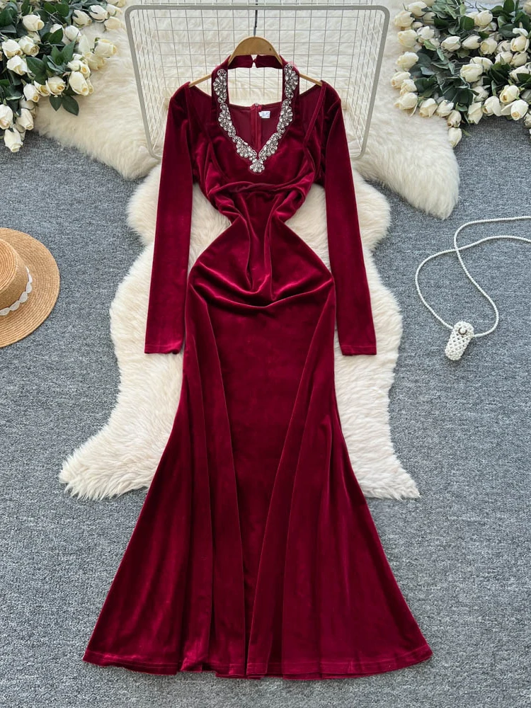 فستان مخملي أنيق بأكمام طويلة للنساء، فستان خريفي وشتوي نحيف بذيل السمكة، مزين بشكل كثيف، خصر مرتفع، أسلوب كوري للعمل