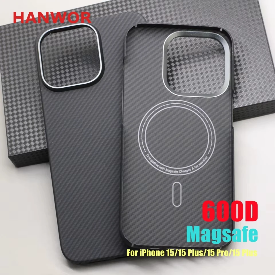 

Hanwor Carbon Fiber Magnetic Case for iPhone 15 Pro Max 15 Pro Metal Button 600D Ultra-Thin Aramid 14Pro/13/16Promax Magsafe