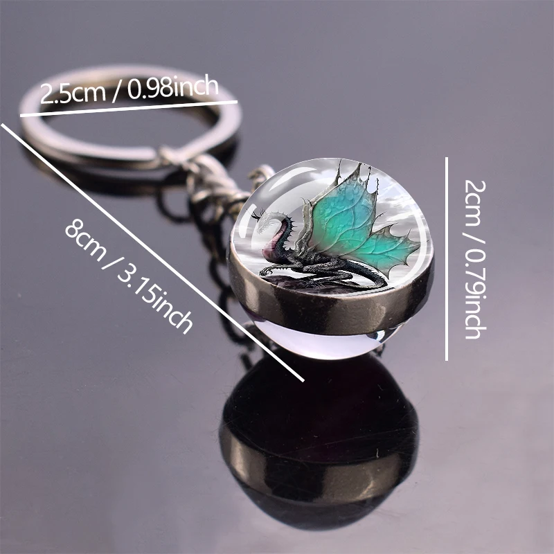 Starry Sky Dragon Keychains Wing Flying Dragon Two-Sided Glass Ball Pendant Key Chains Fantasy Art Jewelry Keyring Creative Gift