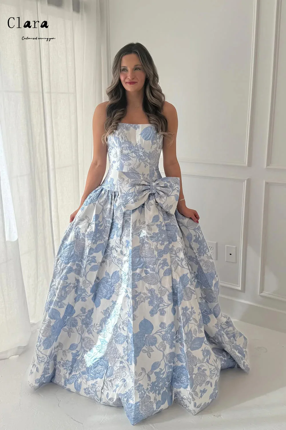 

Изысканное вечернее платье Clara с открытыми плечами, синее, с цветочным узором, А-силуэт, роскошное, для вечеринок, элегантное коктейльное платье, коллекция 2026, женское, для выпускного бала