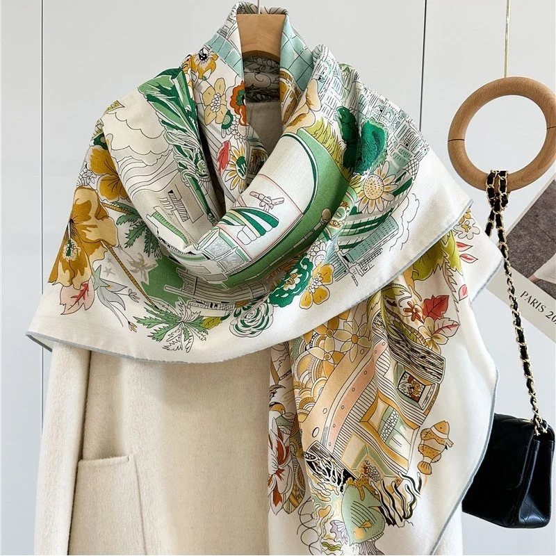 Garden Print Wool Scarves Wraps for Women Large Square Wool Blanket Scarf Shawl Cape Double Sided Printing 135x135CM