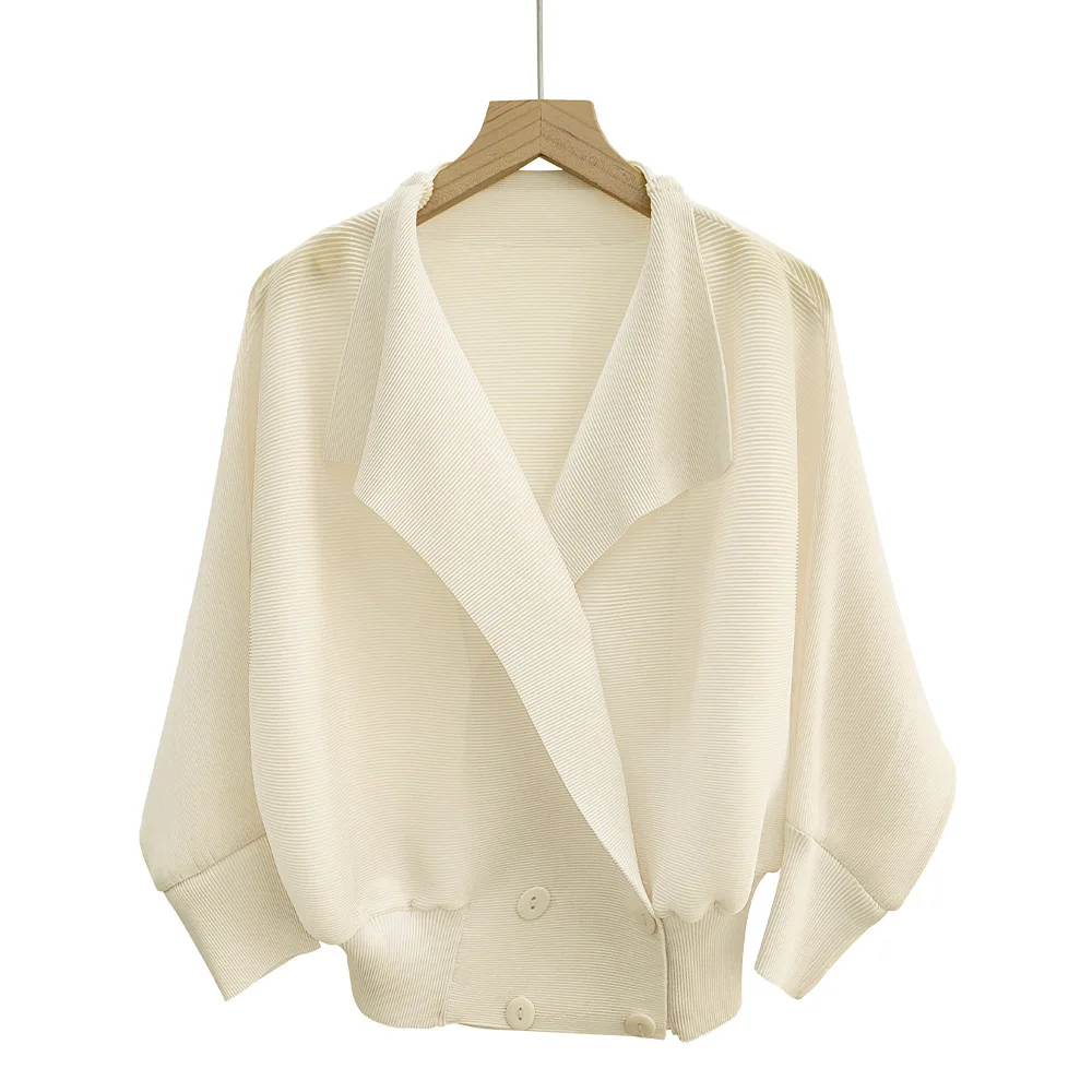 Miyake Pleated Double-breasted Lapel Dolman Sleeve Bomber Cardigan Coat