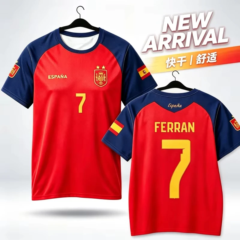 Spain Style 3D Print Football Jersey,Quick Dry Short‑Sleeve Sport T‑Shirt,Men Women Family Matching Kids Tees