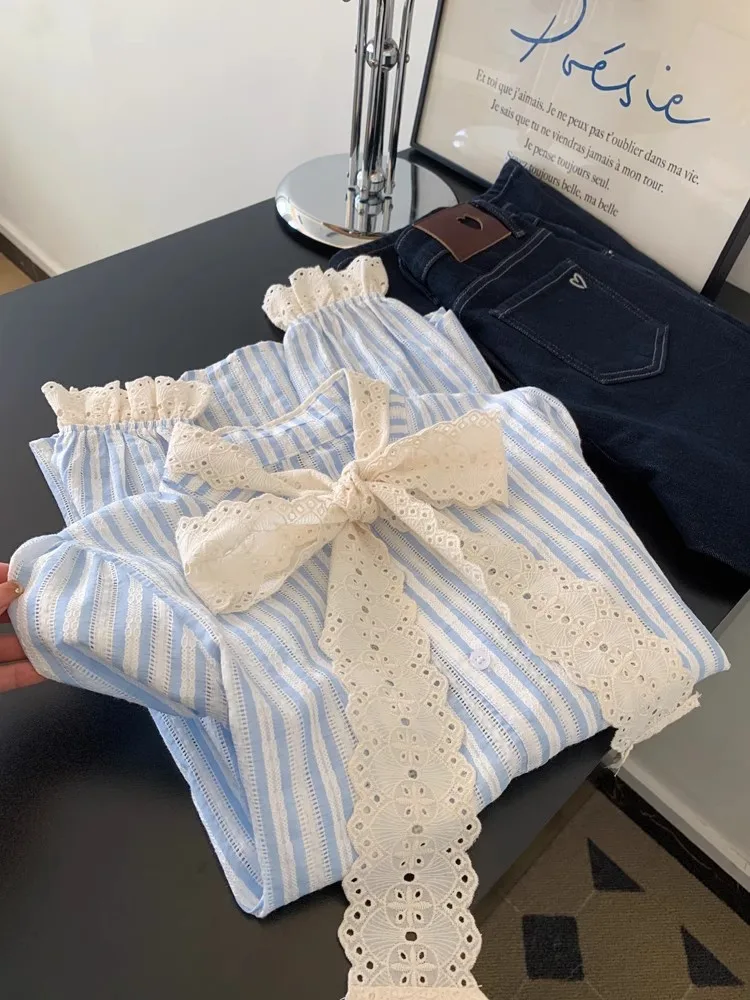 

Blue Knot Long Sve Striped irt Jaet Loose Women's Design Sensation High-End Feeling Casual Faion Top