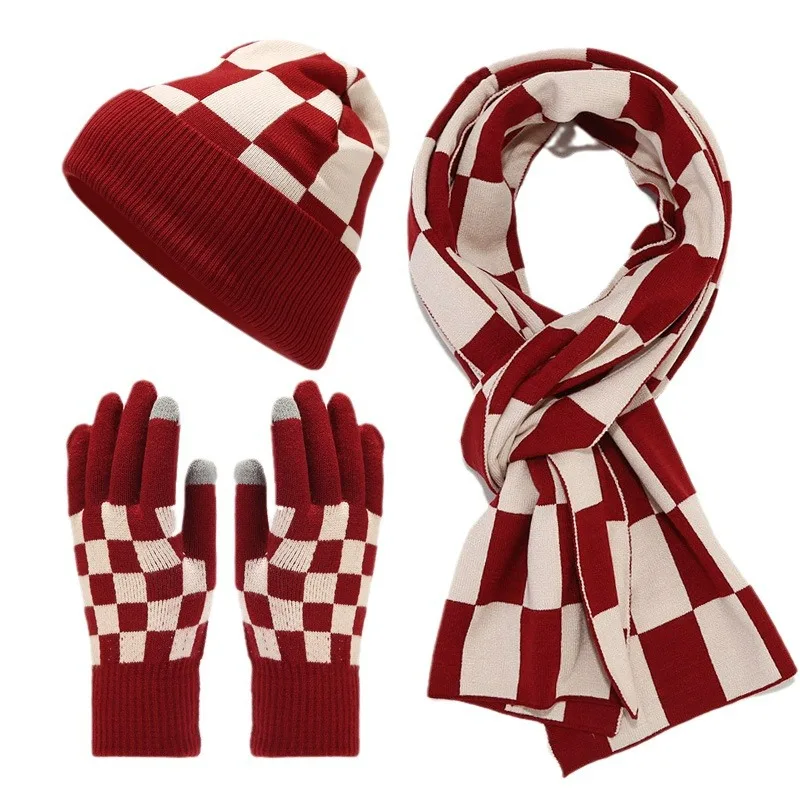 Women Beanies Scarf Gloves Set 3pcs Knitting Plaid Classic Red Black Khaki Winter Hats Sets Unisex