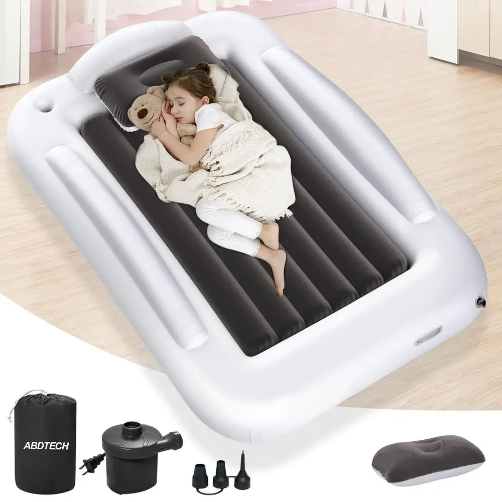 

Iatable Toddler Travel Bed - Portable Toddler Kids Travel Bed with Saety Sides Complete Kids Air MattrSet with High-Speed Pump,