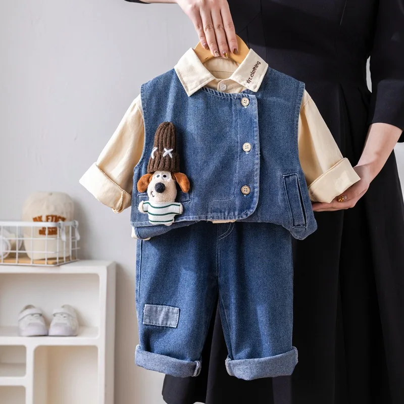 

2025 Spring New Boys Collar Cartoon Cowboy Vest Long Sleeve 3PCS Girls Baby Casual Pants Two Piece Set 3D Dolls Dogs
