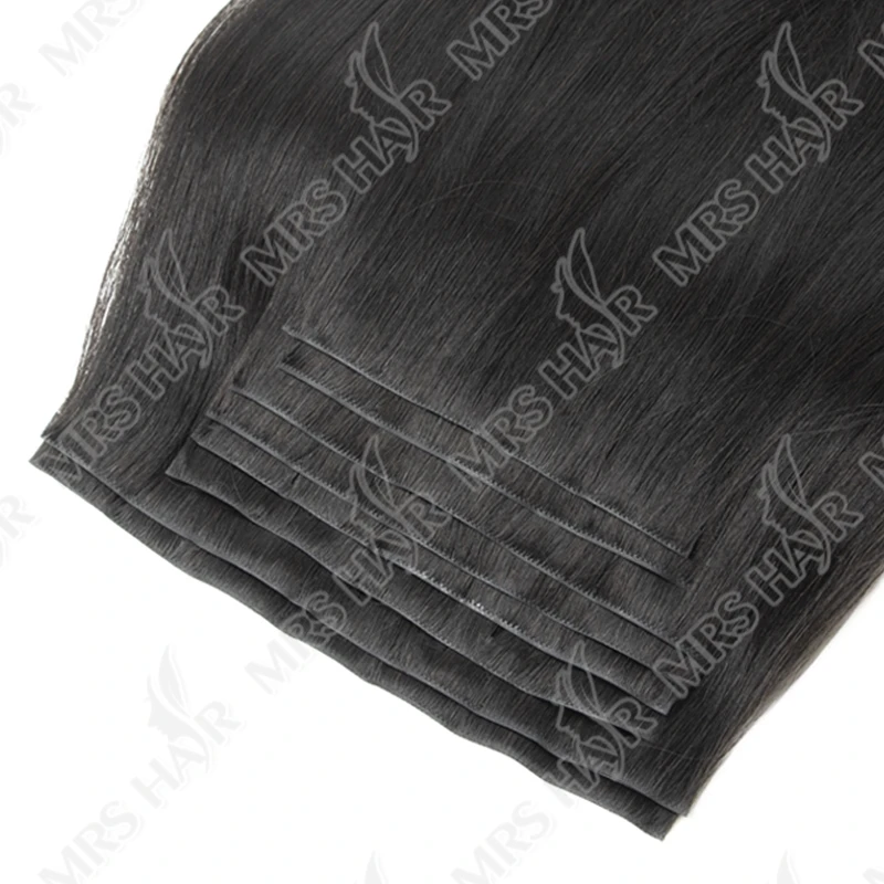 Clip invisibile in PU nell'estensione dei capelli umani Trama del nastro senza soluzione di continuità Trama del nastro sottile e morbido 7 pezzi / set 12-24 pollici 100G 120G Clip sui capelli