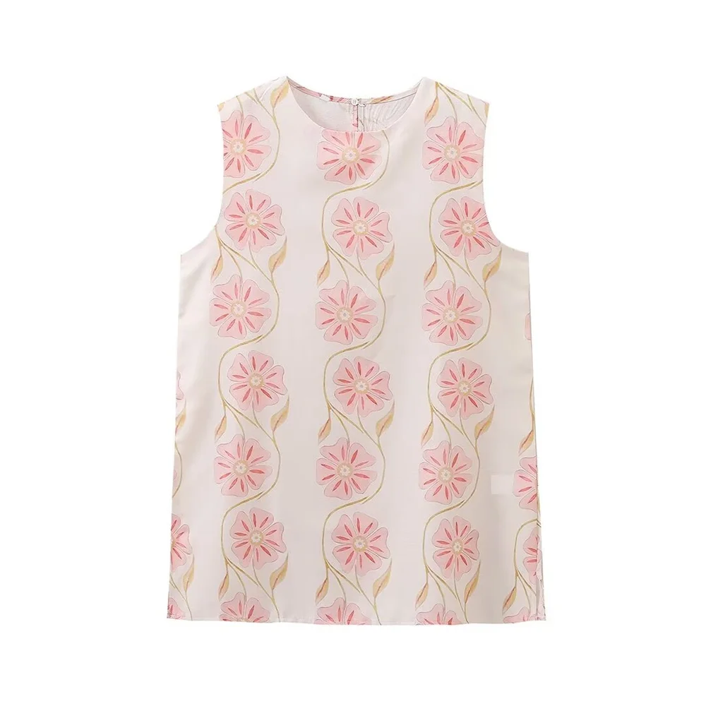 Zach Ailsa Autumn New Women's Fashion Style Slimming Round Neck Sleeveless Flower Printed Shorts Dress