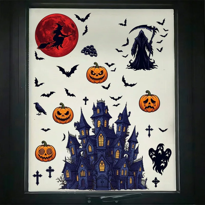 Halloween Haunted House Window Cling Static Window Sticker Pumpkin Bat Ghost Grim Reaper Glass Decal Party Decor