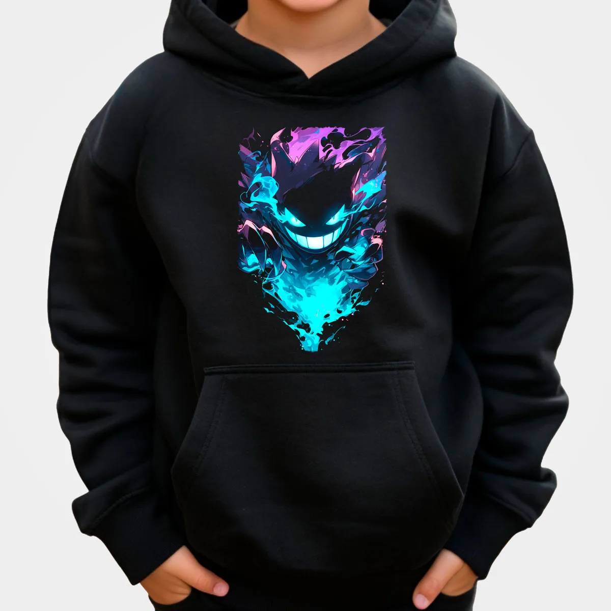 Pokémon Anime Gengar Moletom com capuz de algodão preto com chama azul roxa Aura Design de dentes afiados solto estilo casual ​