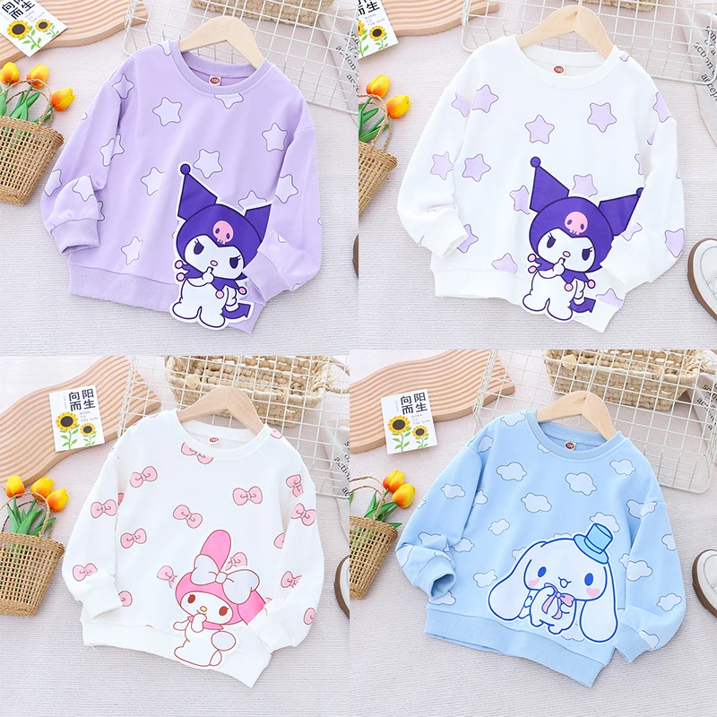 

Sanrios Anime Kuromi Child Cotton Hoodie My Melody Cartoon Kawaii Girl Pullover Spring Leisure Round Neck Top T-Shirt Girl Gift