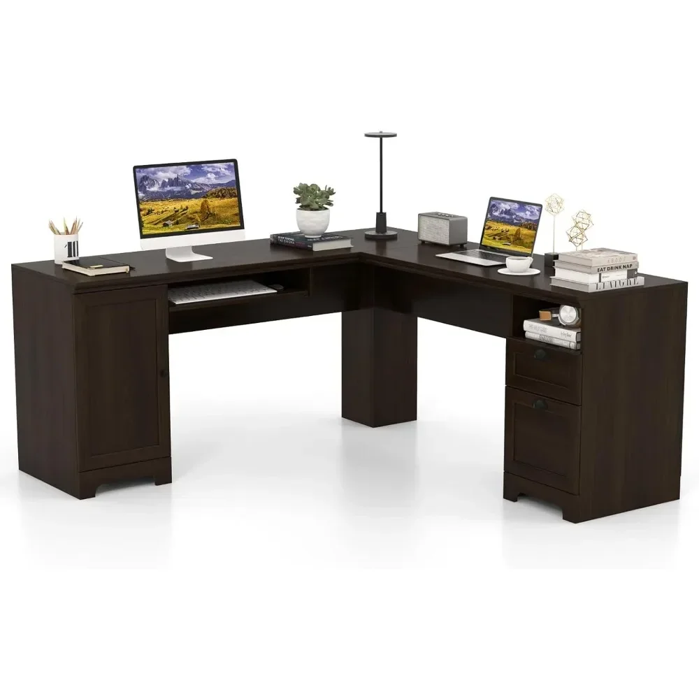 

66" x 66" L-Shaped Office Desk with Keyboard Tray, Spacious Corner Computer Desk with Storage Drawers & Cabinet Home Office Desk