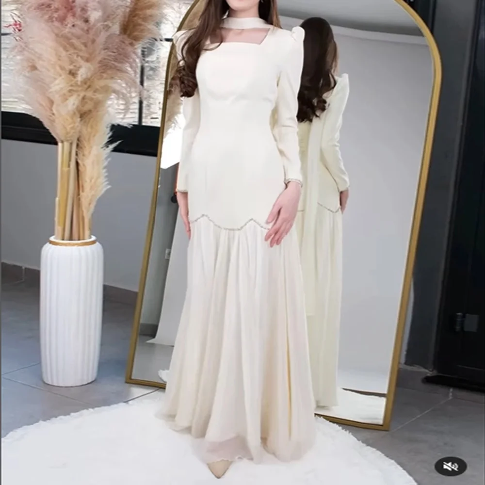 

Customized A-Line Prom Dresses Floor-length Square Collar Full Sleeve Evening Gown Fashion Sequined Bow Lace-Up Party Gown
