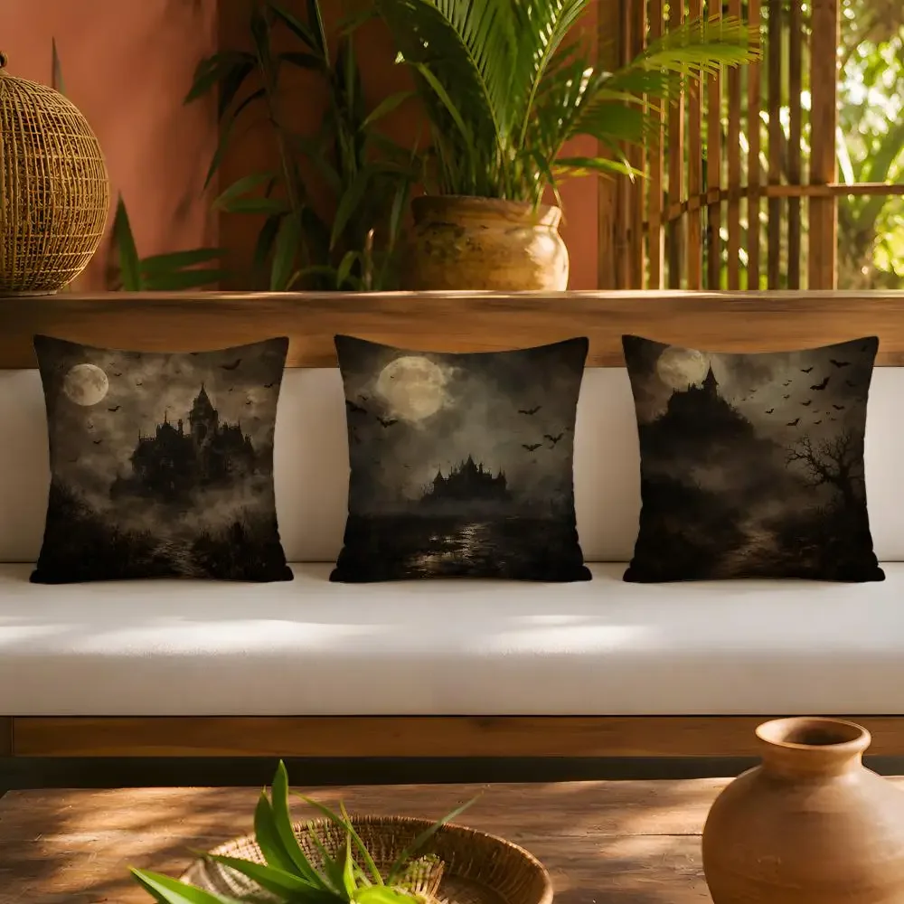 Vintage Gothic Haunted House Halloween Cushion Cover Plush Pillow Cover Soft Fuzzy Removable Washable Sofa Bed Bedroom Decor