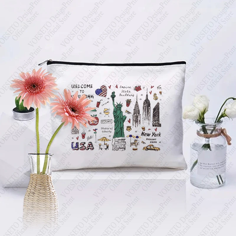 1 pc welcome to New York pattern Makeup Bag, Travel Toilet Storage Bag, Party Gift Zipper Organizer, Cosmetic Pouch For Makeup