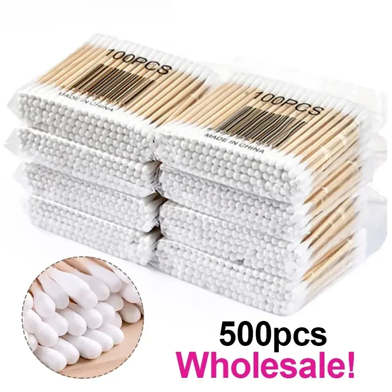 500pcs Double Head Wood Cotton Swab Nose Ears Cleaning Women Makeup Tools Lipstik Cotton Buds Tip Sticks Bastoncillos Oidos