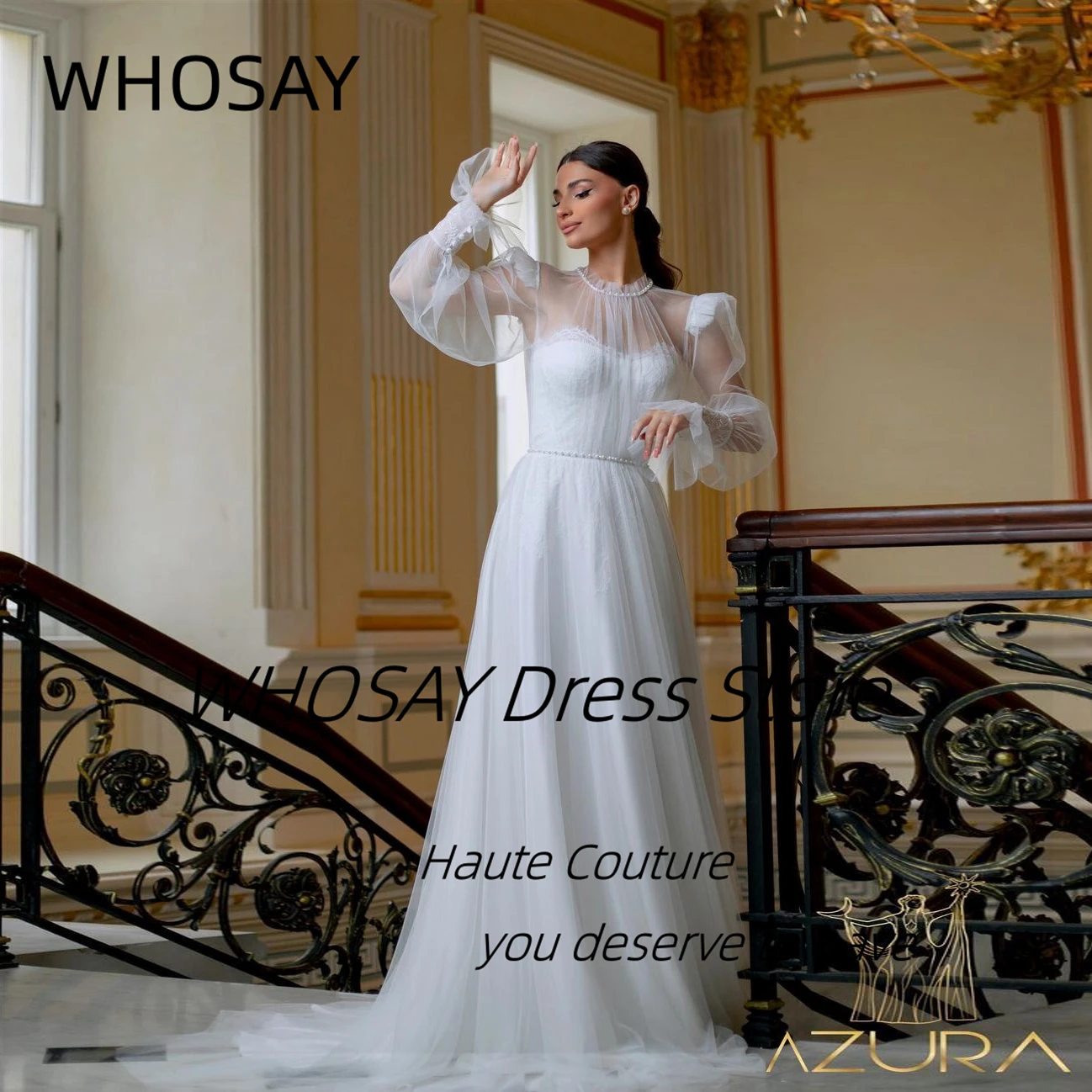 WHOSAY Soft Tulle A Line Wedding Dresses Sheer Long Sleeves Vestidos De Novia Beading Sash Abiti Da Sposa