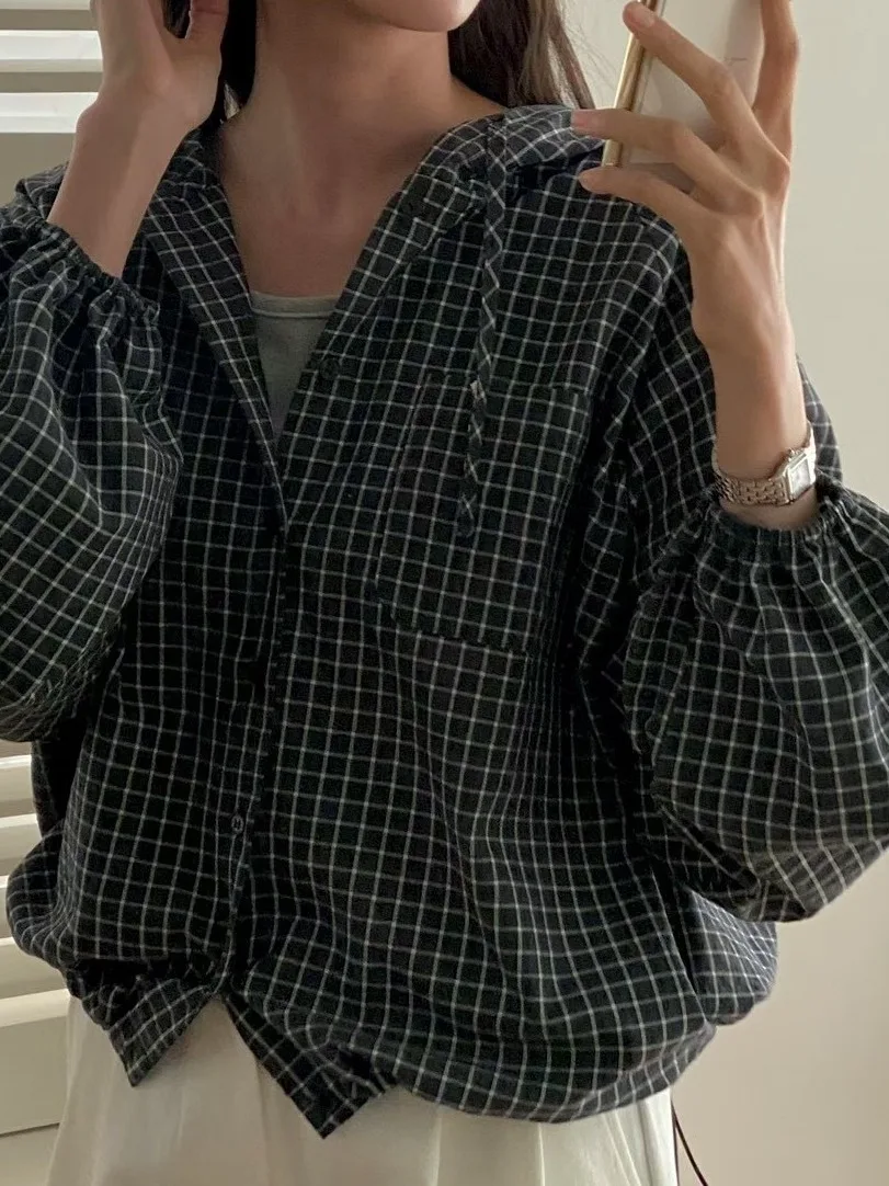 Rétro Plaid à capuche irt Jaet femmes coréen Sle début automne nouveau Cardigan ouvert irt Ele simple bouton Long Sve haut